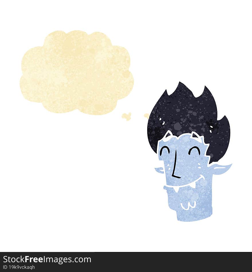 cartoon happy vampire head with thought bubble