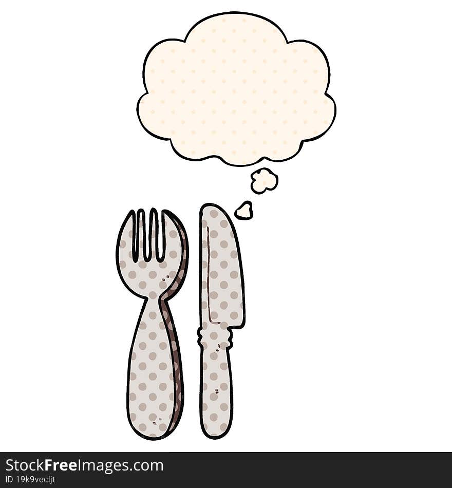 cartoon knife and fork with thought bubble in comic book style