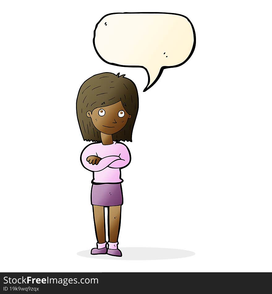 cartoon friendly girl rolling eyes with speech bubble