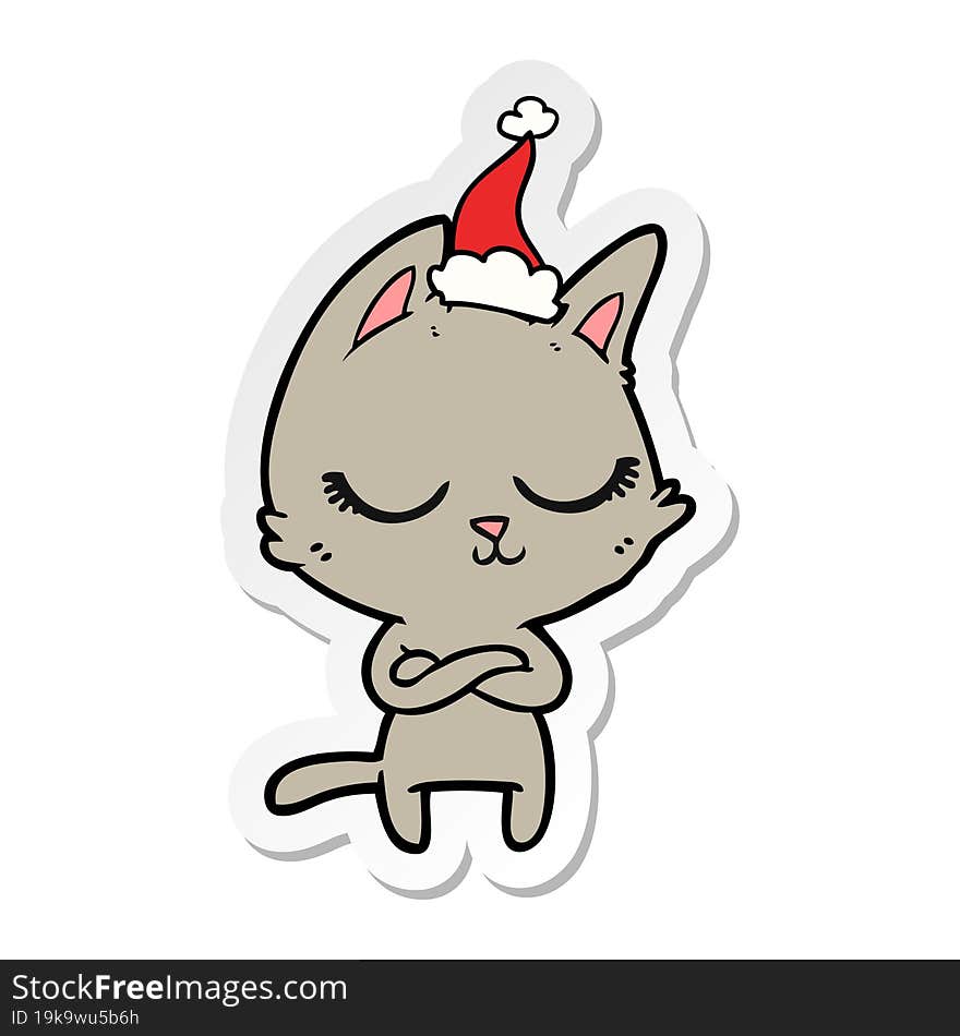 Calm Sticker Cartoon Of A Cat Wearing Santa Hat