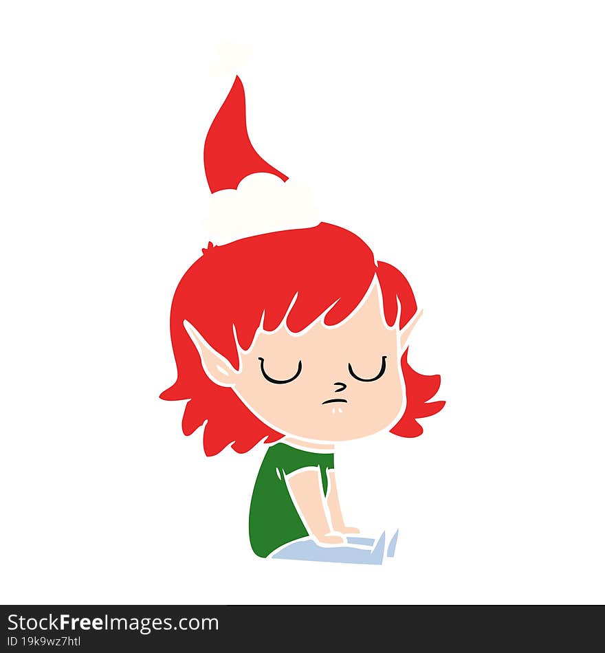 flat color illustration of a elf girl wearing santa hat