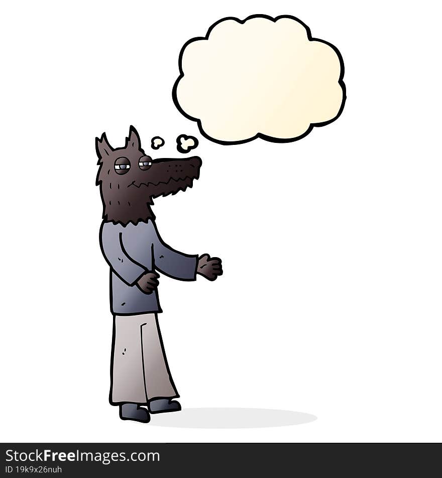 cartoon wolf man with thought bubble