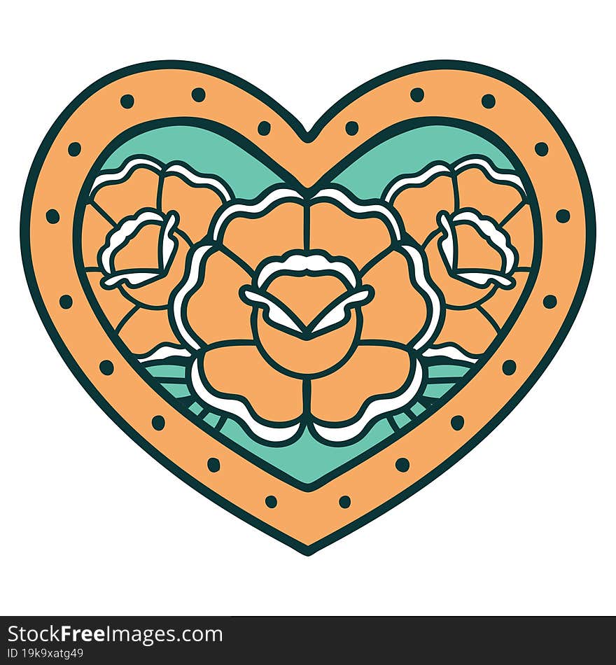 iconic tattoo style image of a heart and flowers. iconic tattoo style image of a heart and flowers