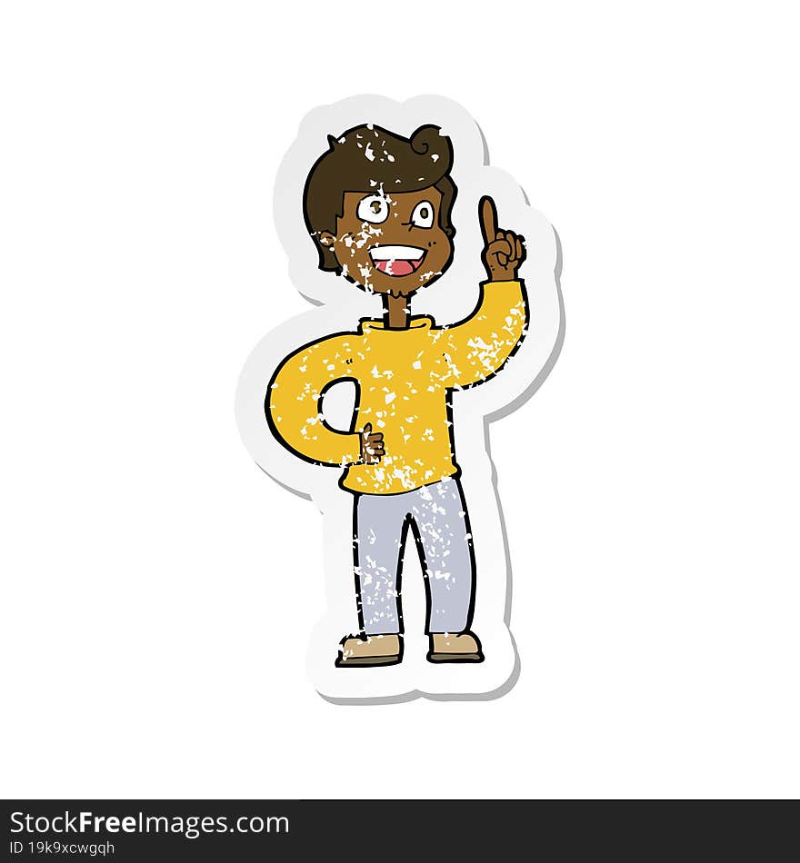 retro distressed sticker of a cartoon boy with great idea