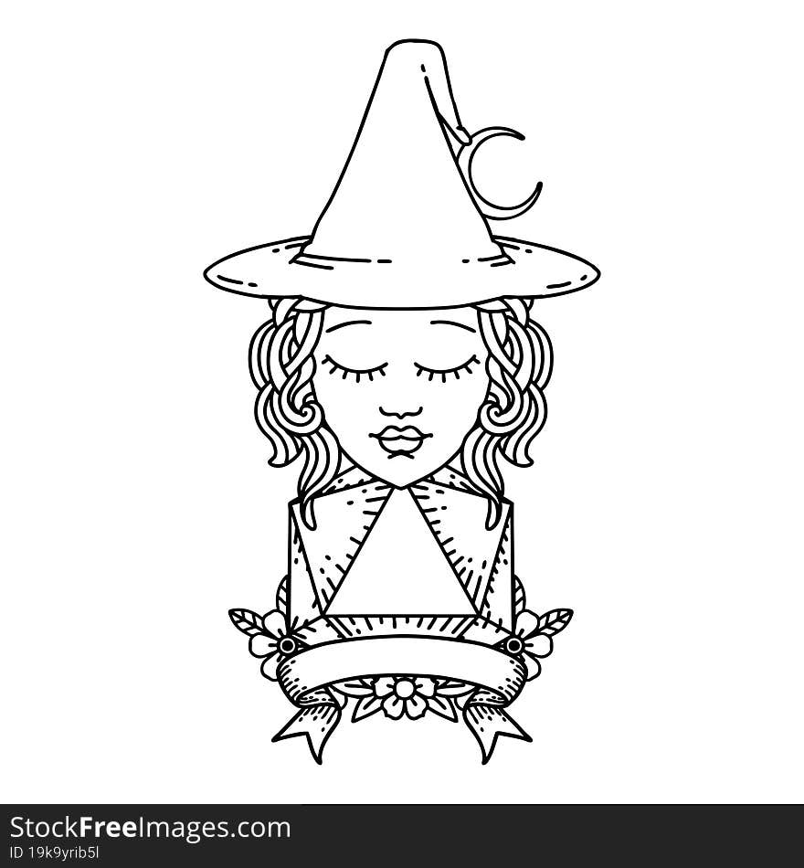 human witch with natural twenty dice roll illustration