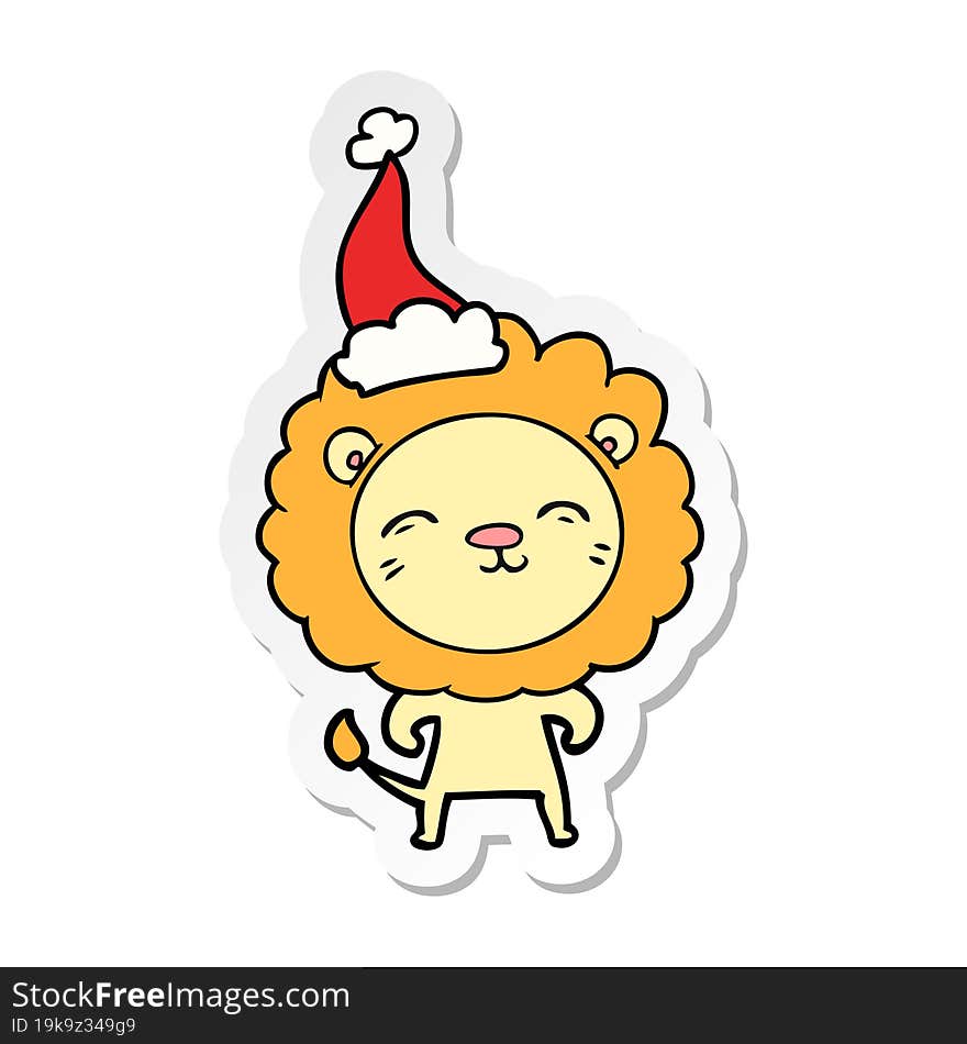 hand drawn sticker cartoon of a lion wearing santa hat