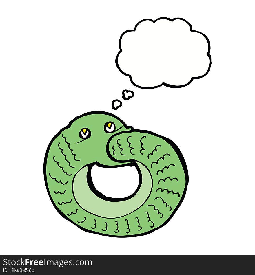 cartoon snake eating own tail with thought bubble