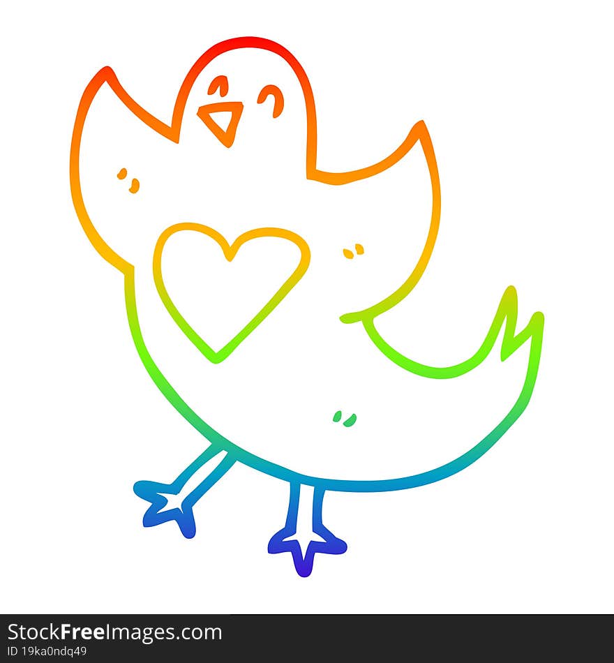 rainbow gradient line drawing cartoon bird with heart