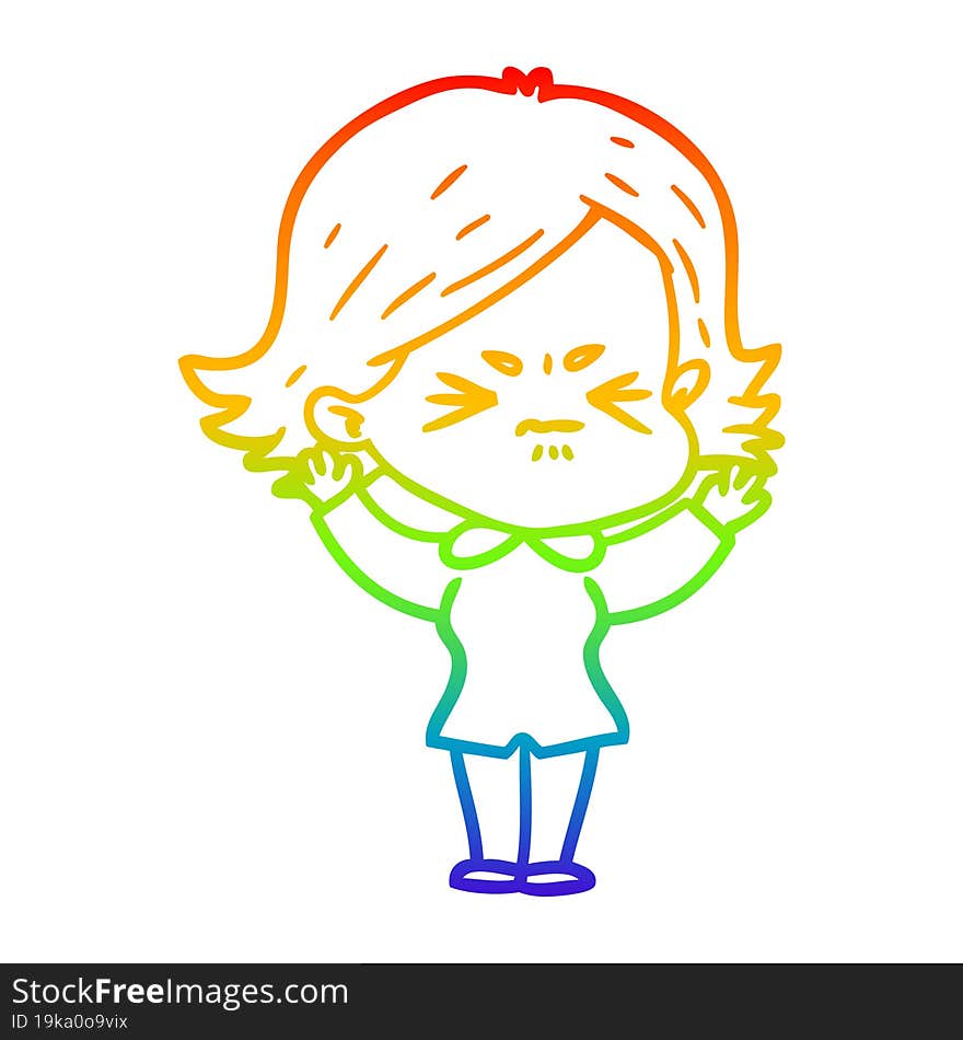 rainbow gradient line drawing of a cartoon angry woman