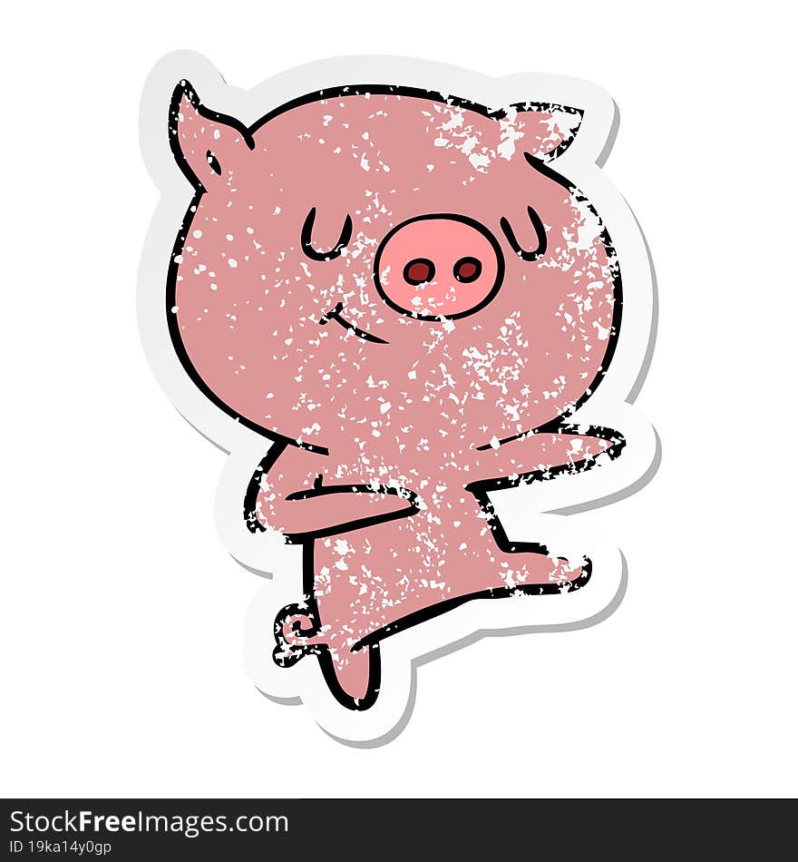 distressed sticker of a happy cartoon pig dancing