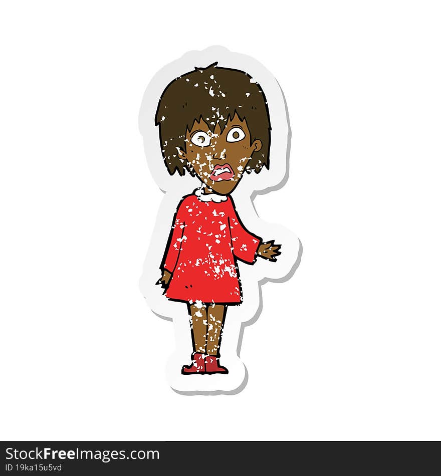 retro distressed sticker of a cartoon shocked woman