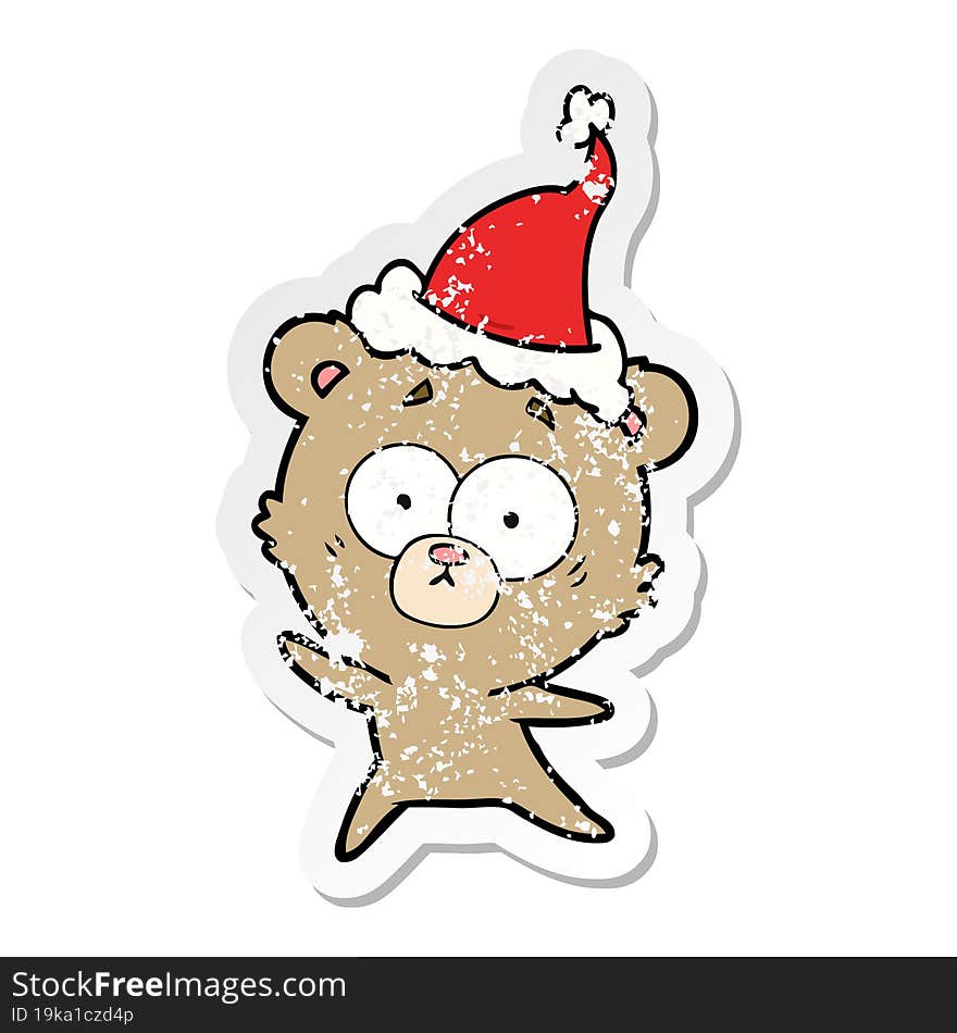 anxious bear distressed sticker cartoon of a wearing santa hat