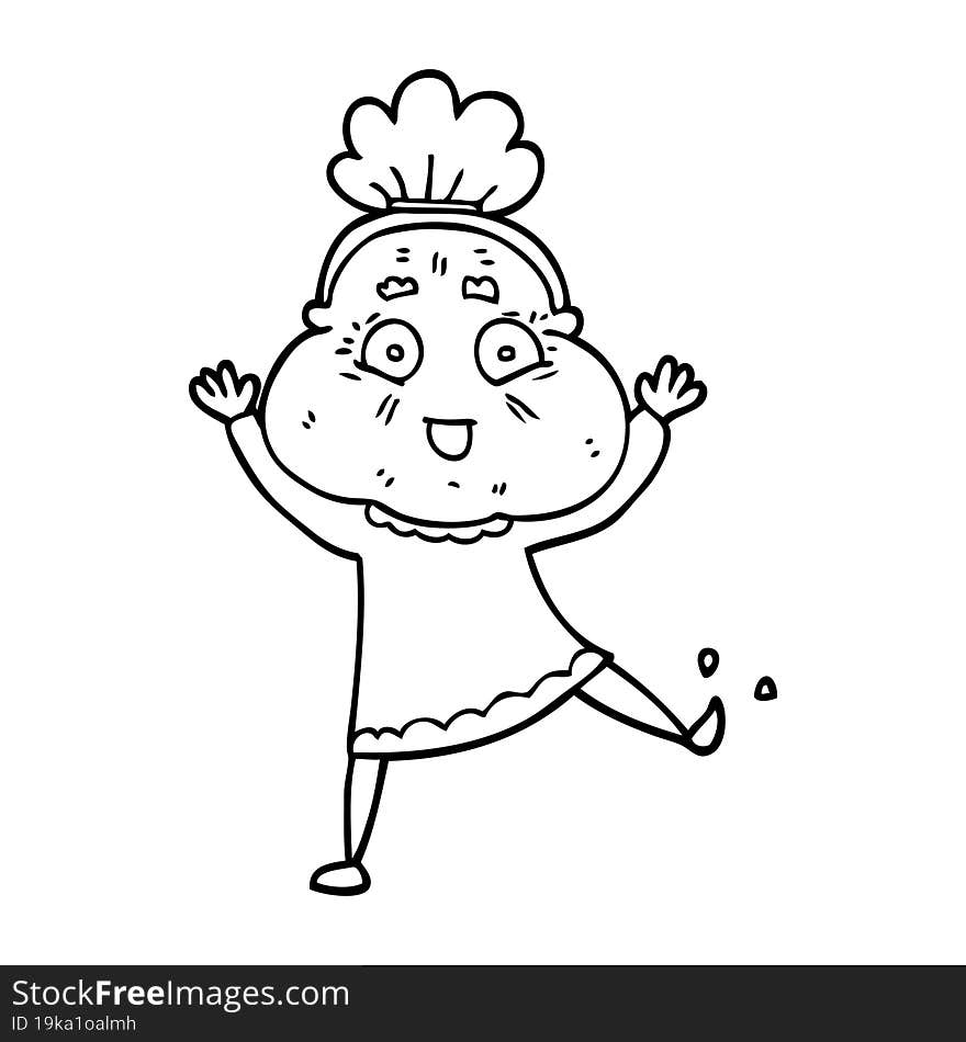 line drawing cartoon dancing old lady