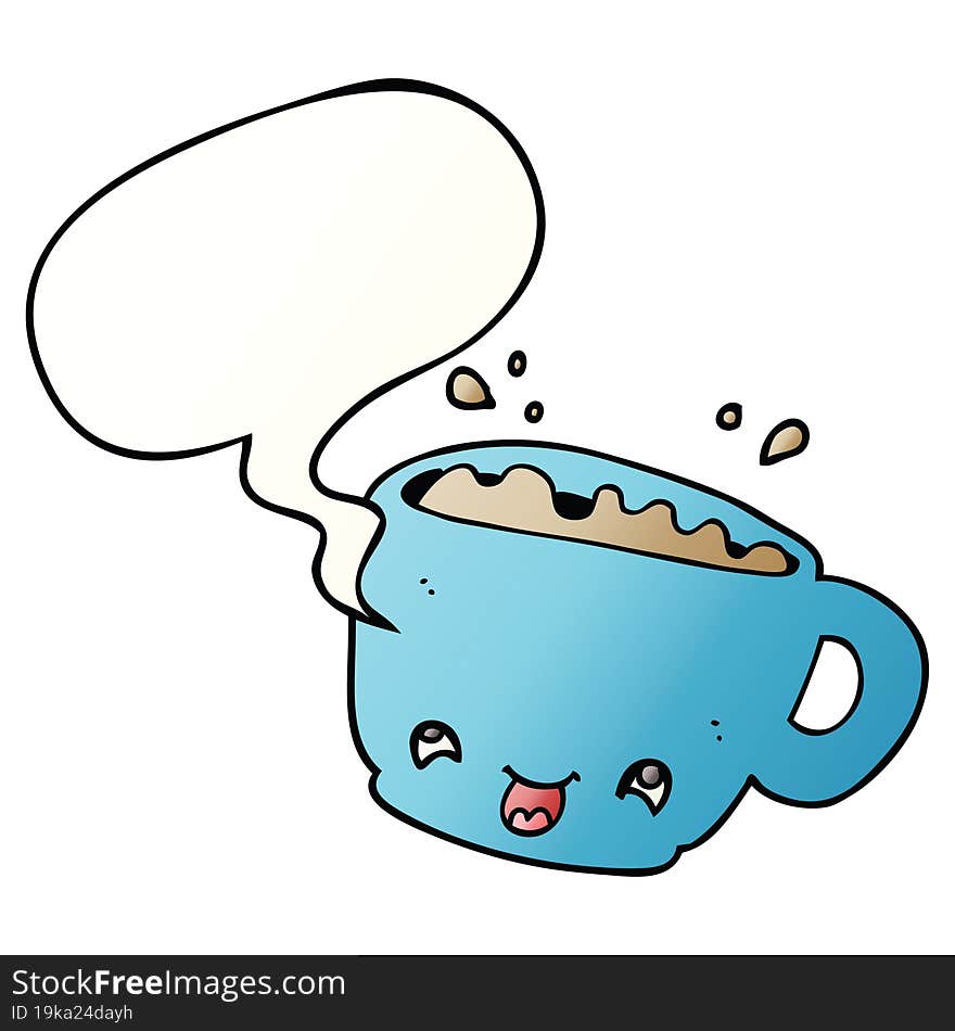 cartoon cup of coffee and speech bubble in smooth gradient style