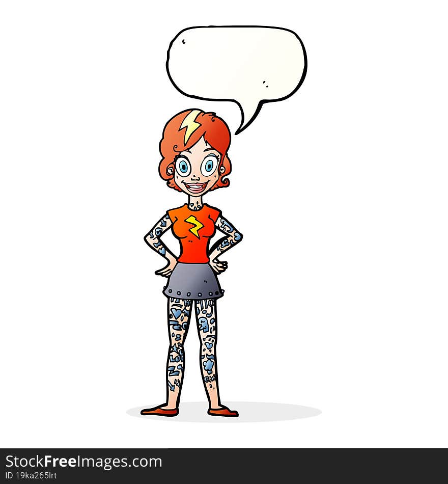 cartoon woman with heavy tattoos with speech bubble