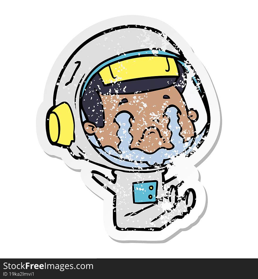 distressed sticker of a cartoon crying astronaut