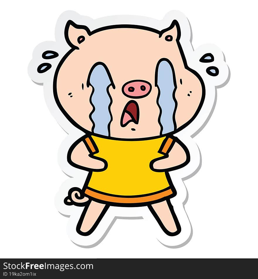 sticker of a crying pig cartoon wearing human clothes