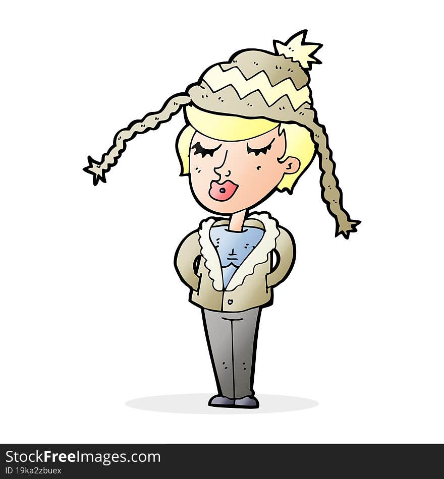 cartoon woman wearing winter hat