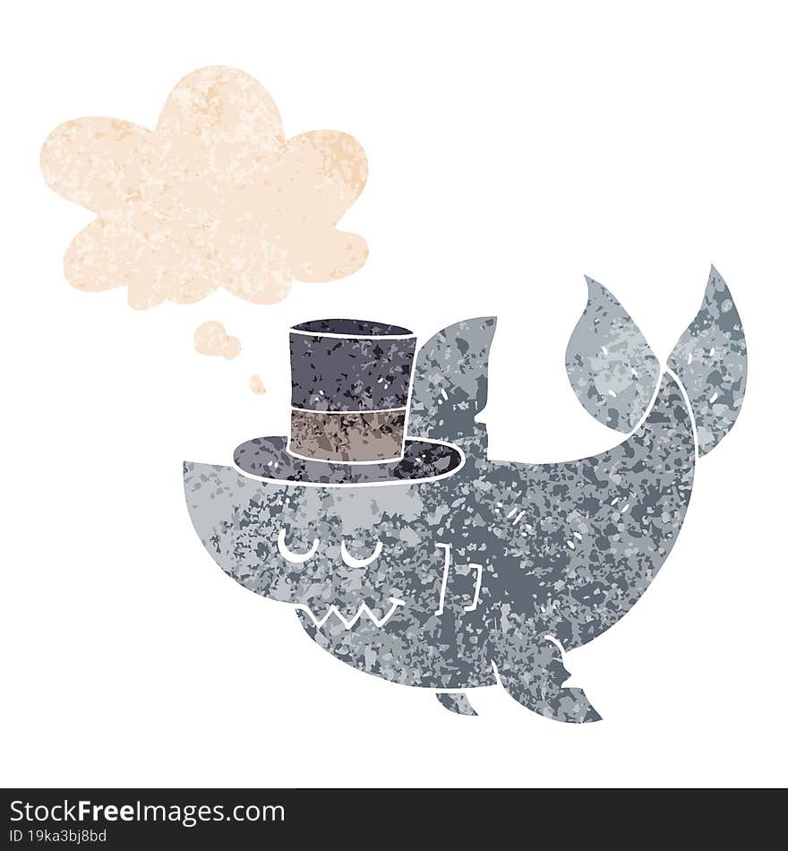 Cartoon Shark Wearing Top Hat And Thought Bubble In Retro Textured Style