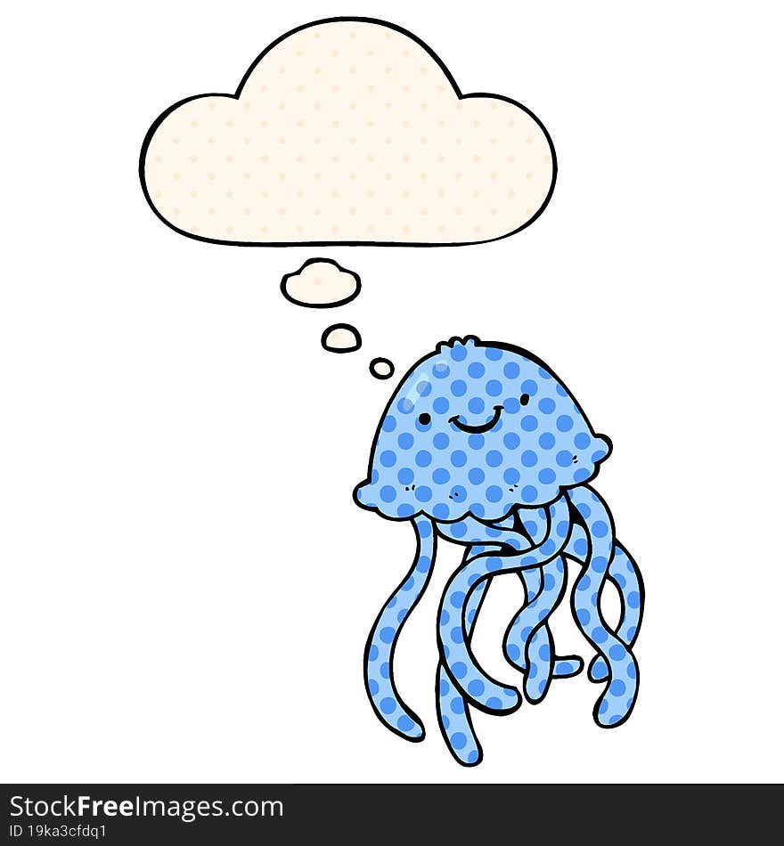 Cartoon Happy Jellyfish And Thought Bubble In Comic Book Style