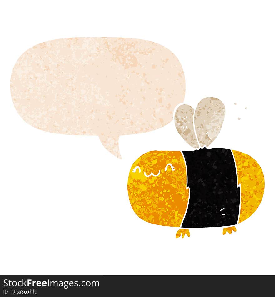 cute cartoon bee and speech bubble in retro textured style