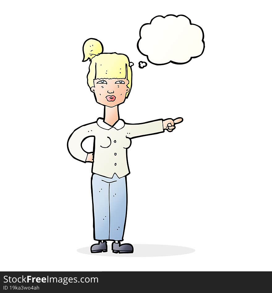 cartoon woman pointing with thought bubble