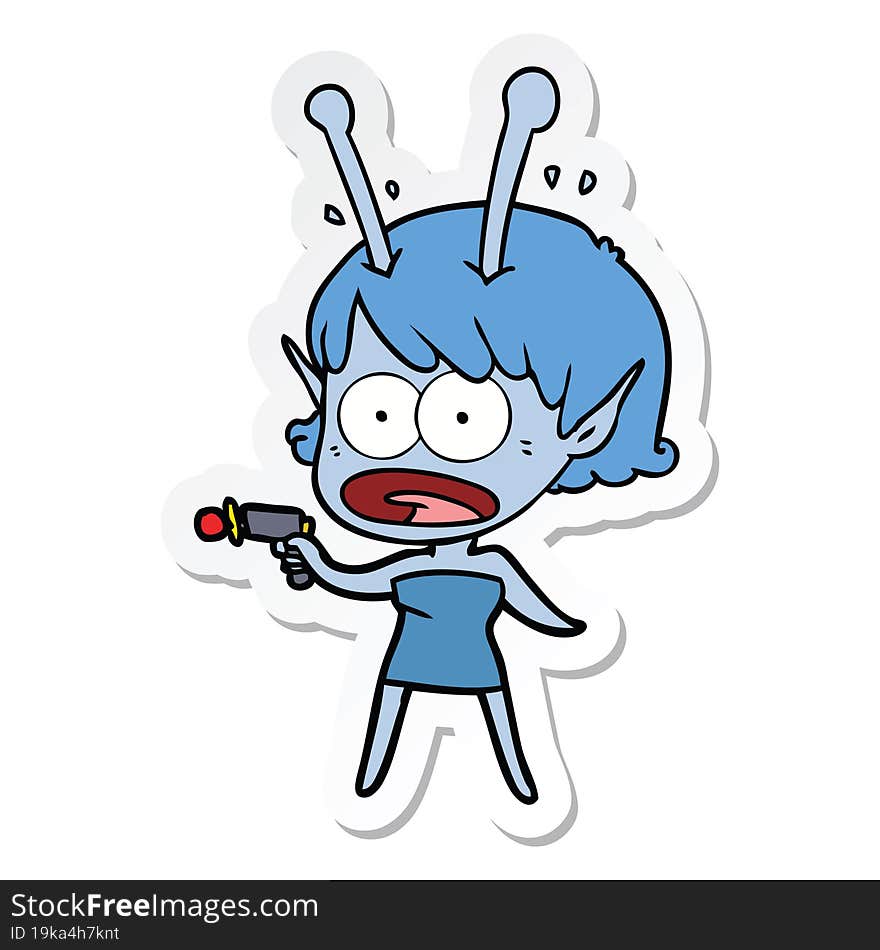 sticker of a cartoon shocked alien girl