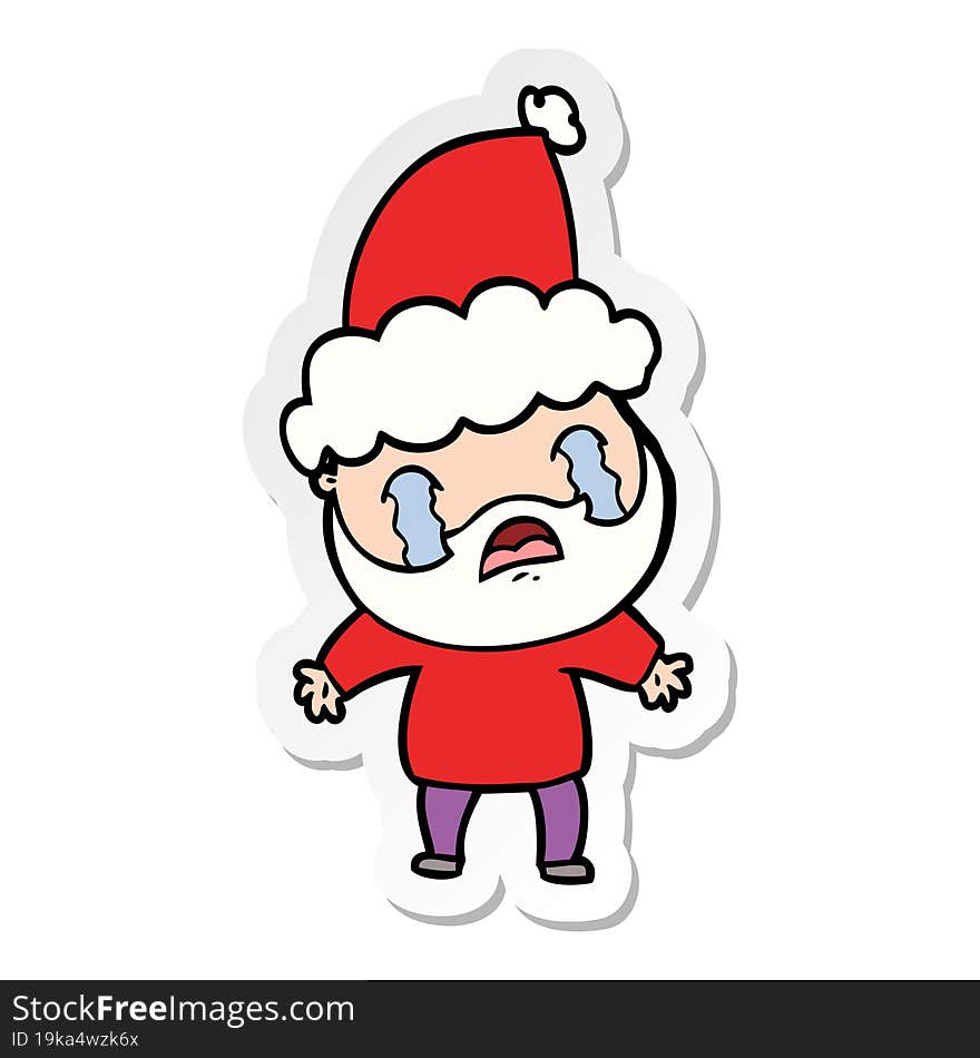 hand drawn sticker cartoon of a bearded man crying wearing santa hat