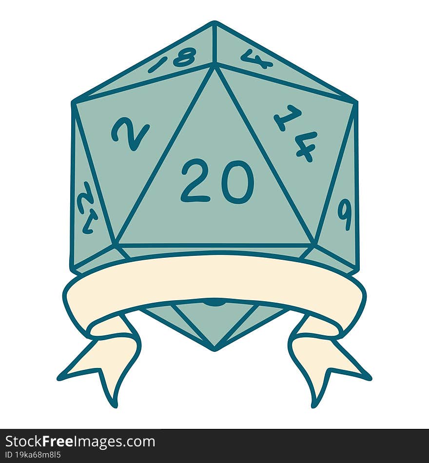 Retro Tattoo Style natural 20 critical hit D20 dice roll. Retro Tattoo Style natural 20 critical hit D20 dice roll