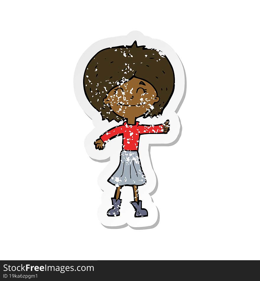 retro distressed sticker of a cartoon happy girl giving thumbs up symbol