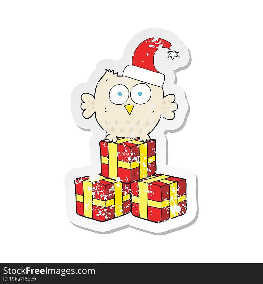 retro distressed sticker of a cartoon little owl wearing christmas hat