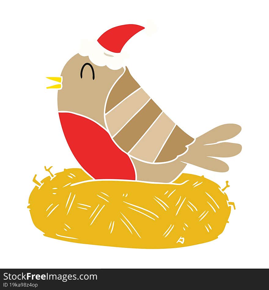 flat color illustration of a bird sitting on nest wearing santa hat