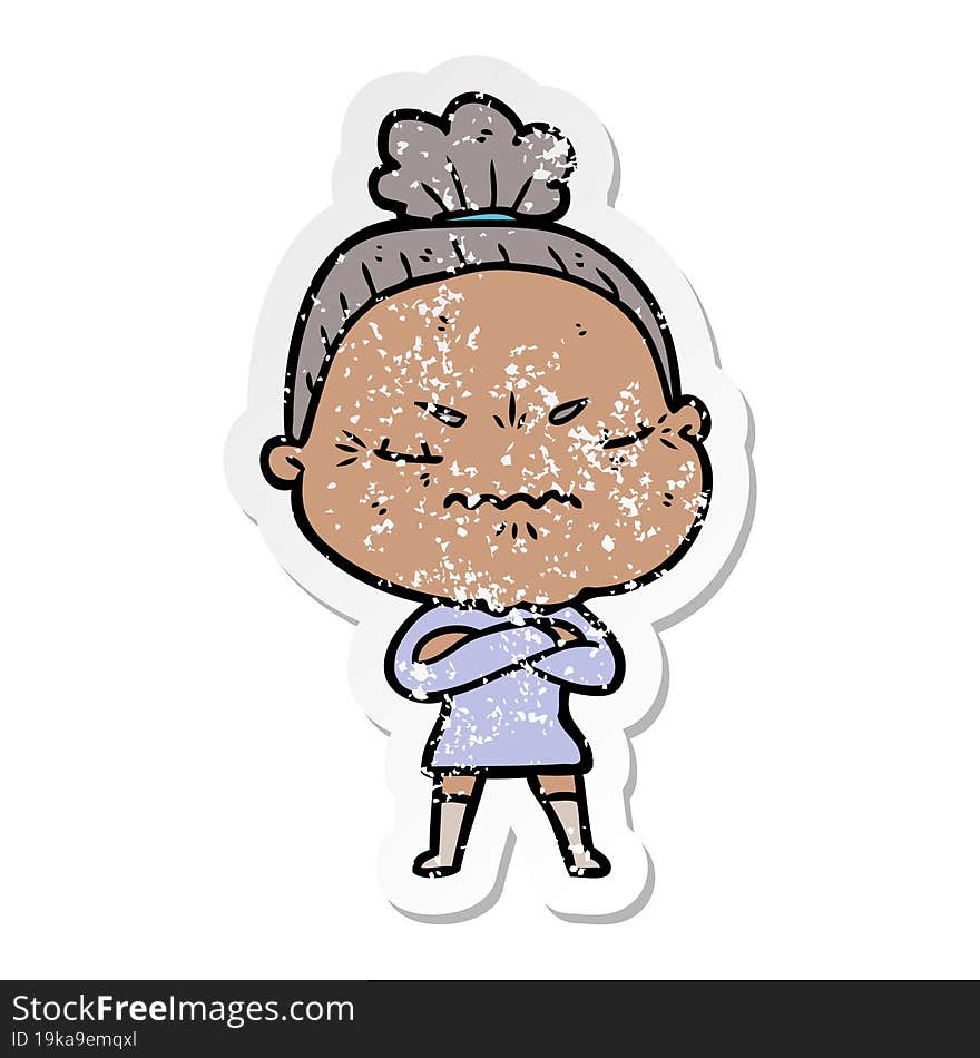 Distressed Sticker Of A Cartoon Annoyed Old Lady