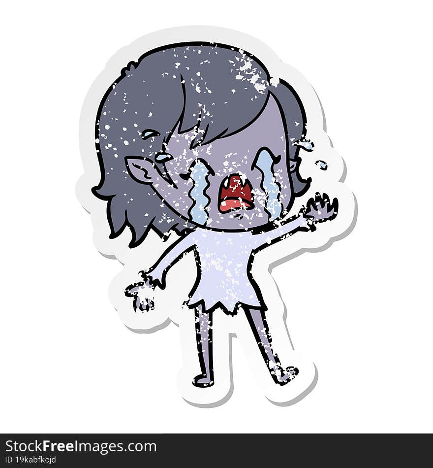 distressed sticker of a cartoon crying vampire girl