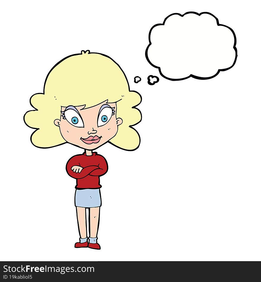 cartoon happy woman with folded arms with thought bubble