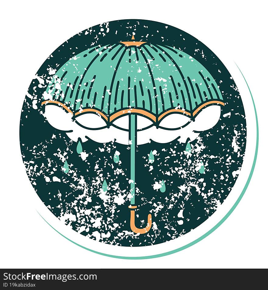 distressed sticker tattoo style icon of an umbrella and storm cloud