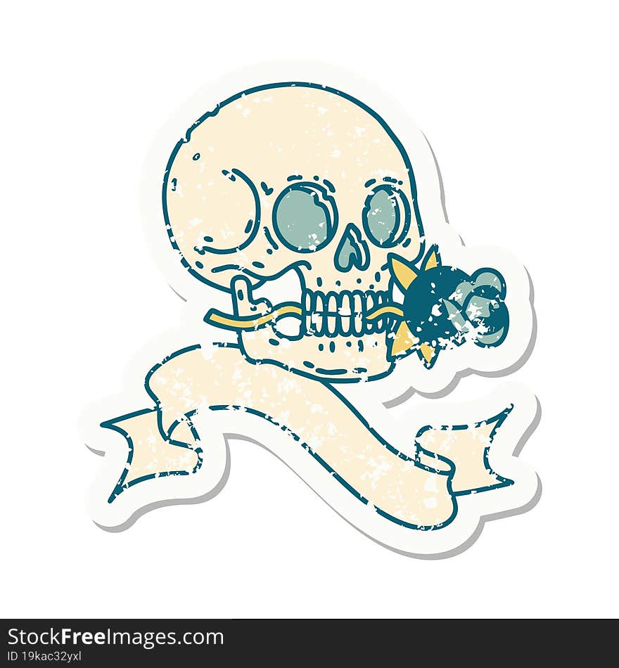 grunge sticker with banner of a skull and rose