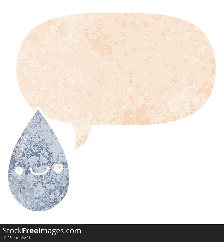 cartoon cute raindrop and speech bubble in retro textured style