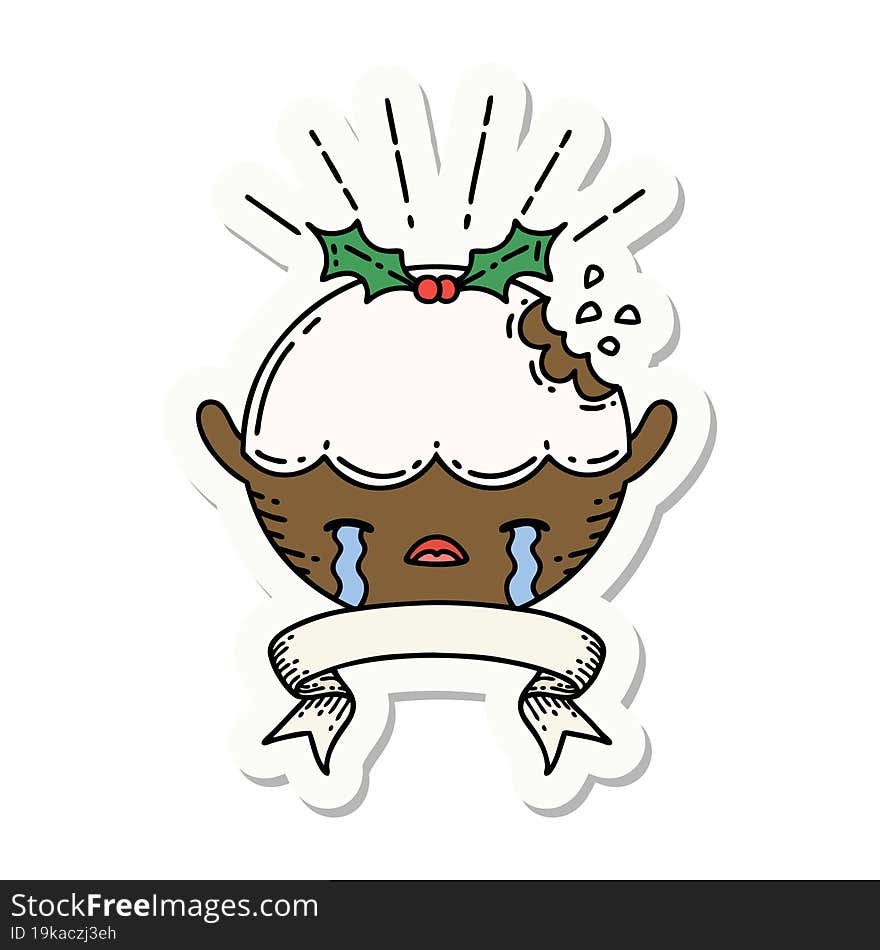 sticker of tattoo style christmas pudding character crying