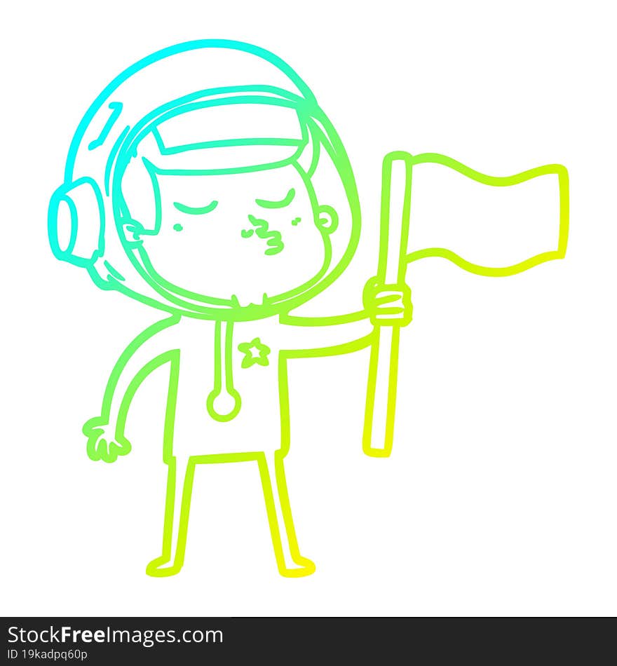 Cold Gradient Line Drawing Cartoon Confident Astronaut Waving Flag