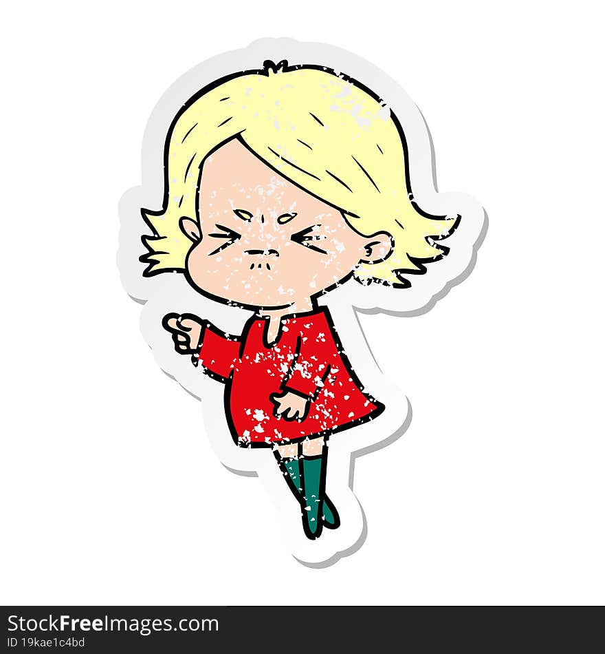 distressed sticker of a cartoon angry woman