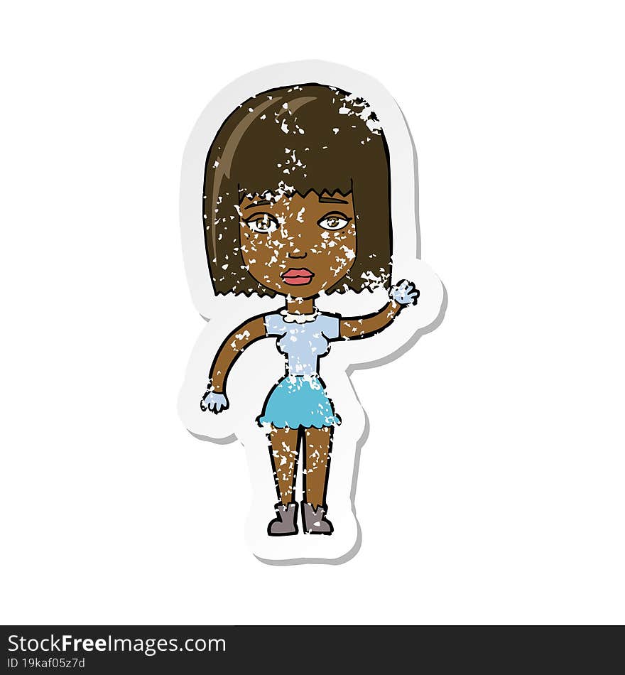 retro distressed sticker of a cartoon waving woman