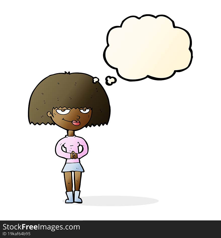 cartoon sly woman with thought bubble