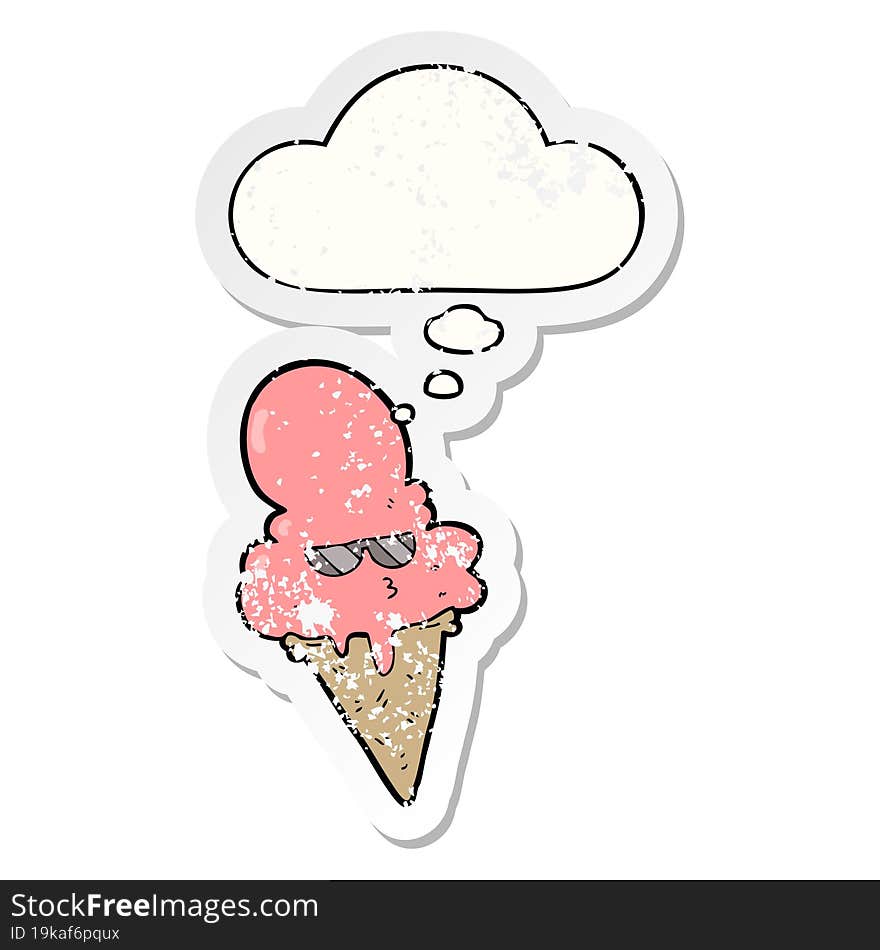 Cartoon Cool Ice Cream And Thought Bubble As A Distressed Worn Sticker