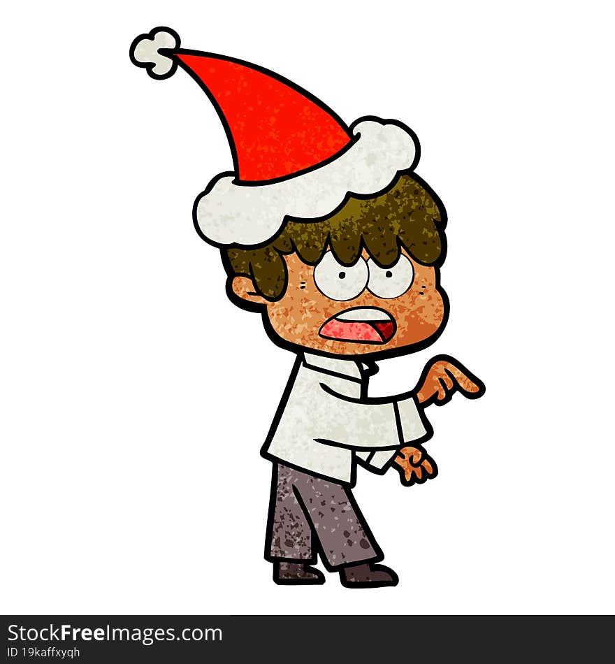 worried textured cartoon of a boy wearing santa hat