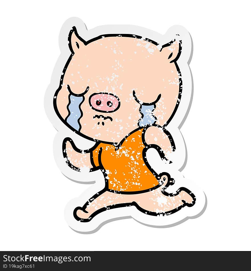 Distressed Sticker Of A Cartoon Pig Crying Running Away