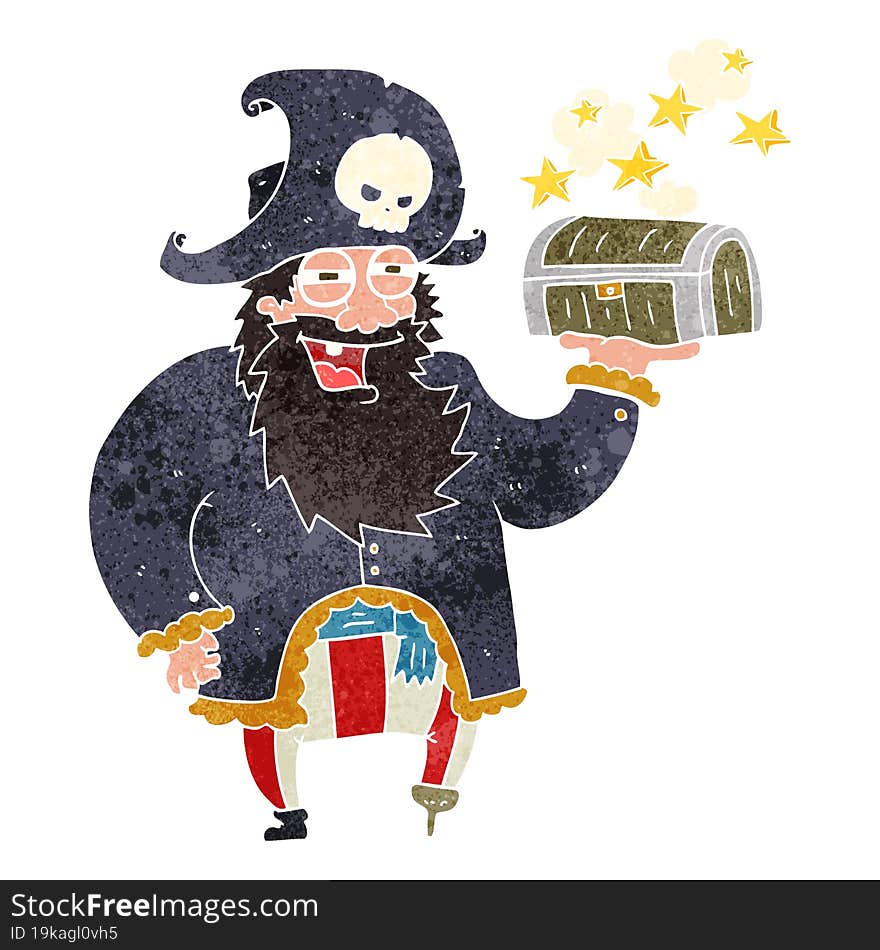 retro cartoon pirate captain with treasure chest