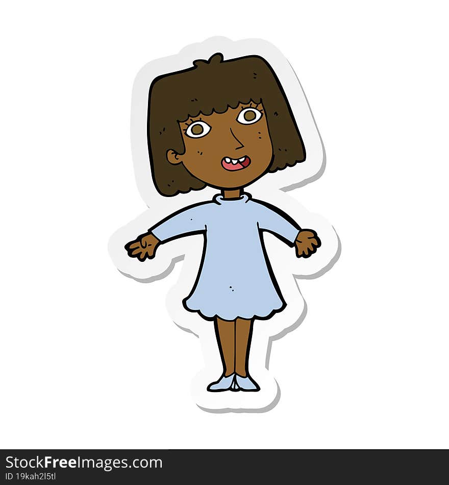 sticker of a cartoon happy woman in dress