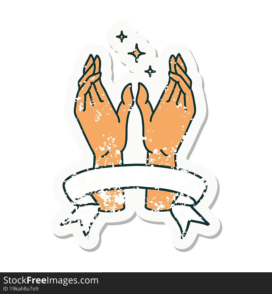 Grunge Sticker With Banner Of Reaching Hands