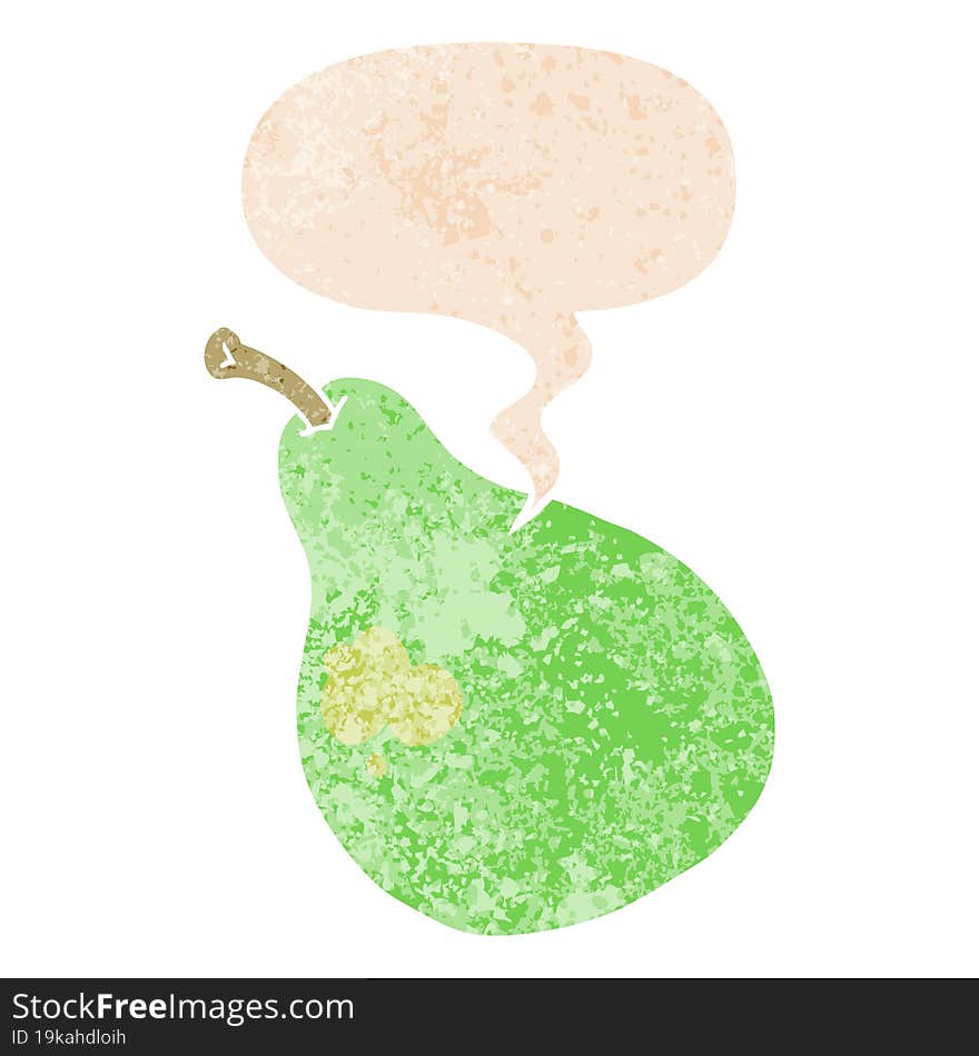 cartoon pear and speech bubble in retro textured style